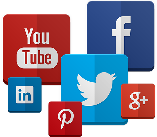 Logos for YouTube, Facebook, LinkedIn, Twitter, Pinterest